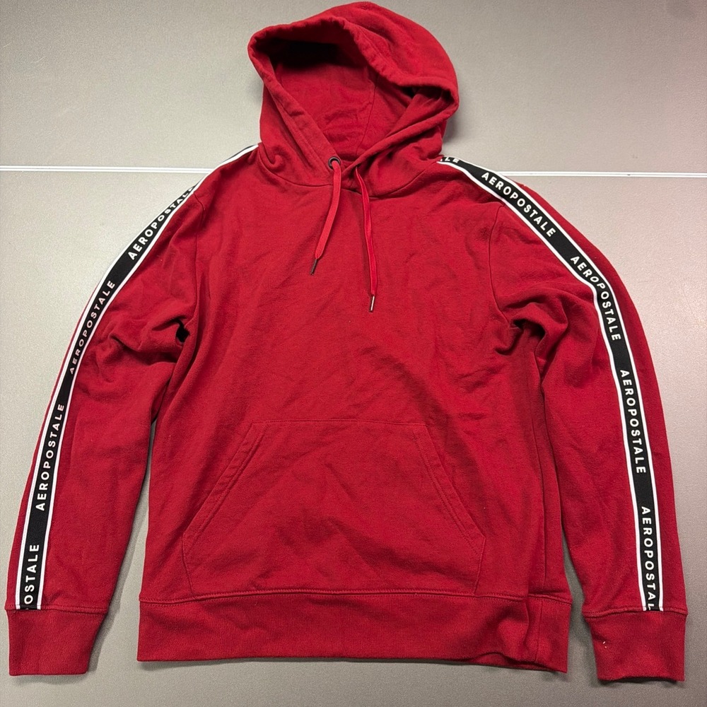 Aeropostale Mens Red Logo Tape Sleeve Pullover Hoodie Sweatshirt Size M